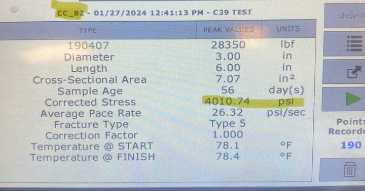 a picture of testing results for a mixture of concrete with the stress it can hold highlighted as 4010 psi