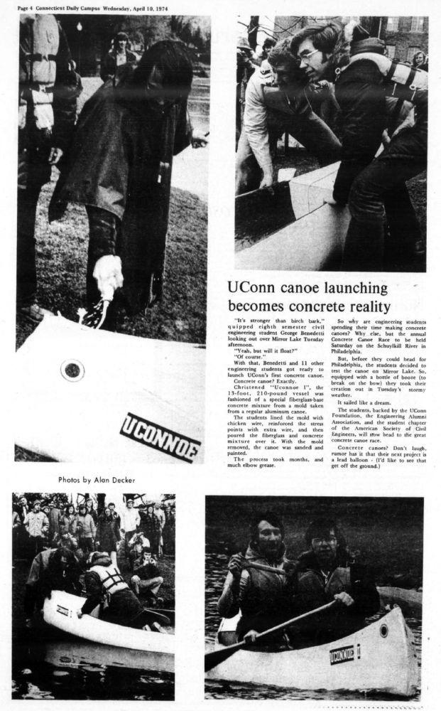 old 1974 newspaper featuring concrete canoe with a heading as: "UConn canoe launching becomes concrete reality" and images of moving and riding the canoe 